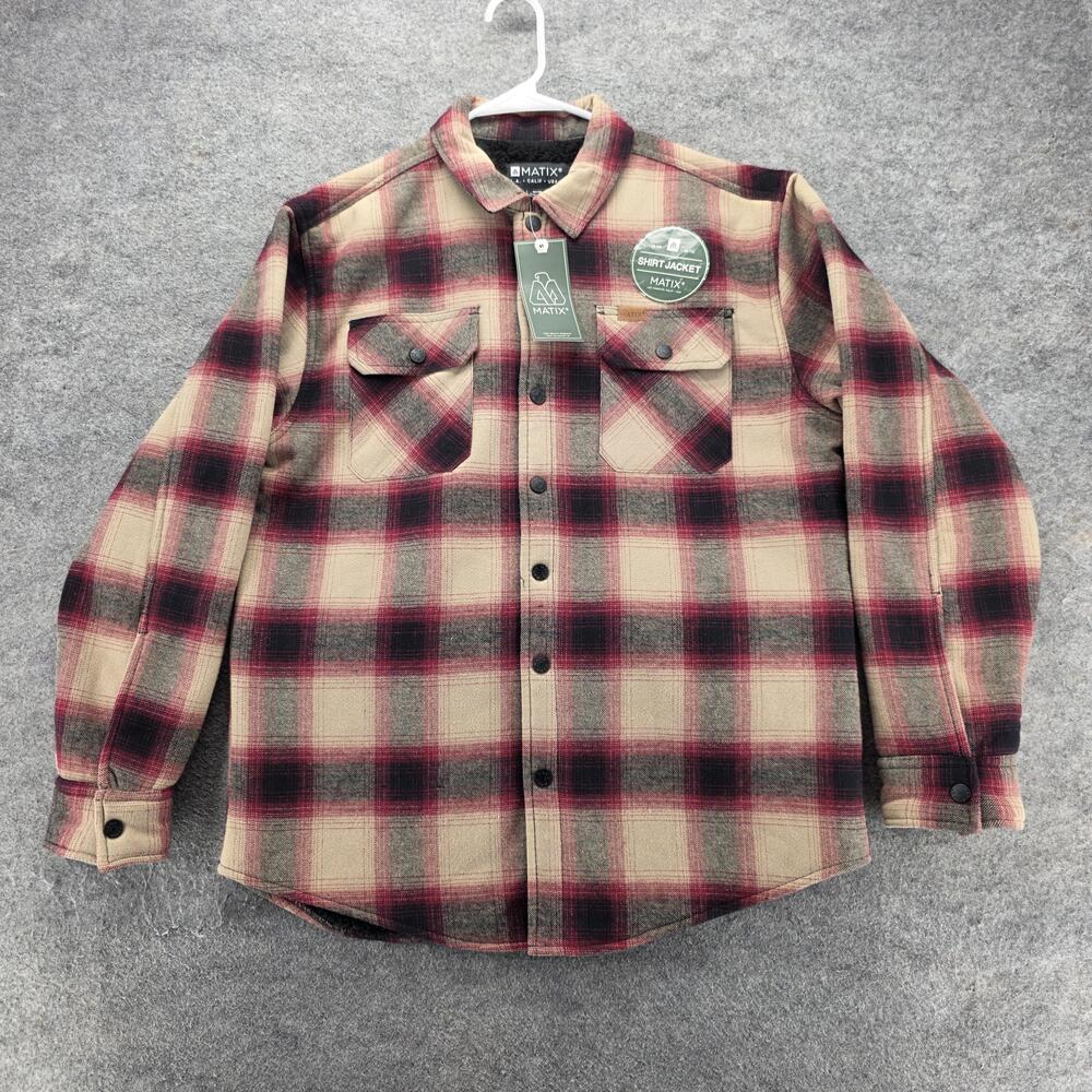 Matix Shirt Jacket Mens M Beige Plaid Snap Front Sherpa Fleece Lined Flannel